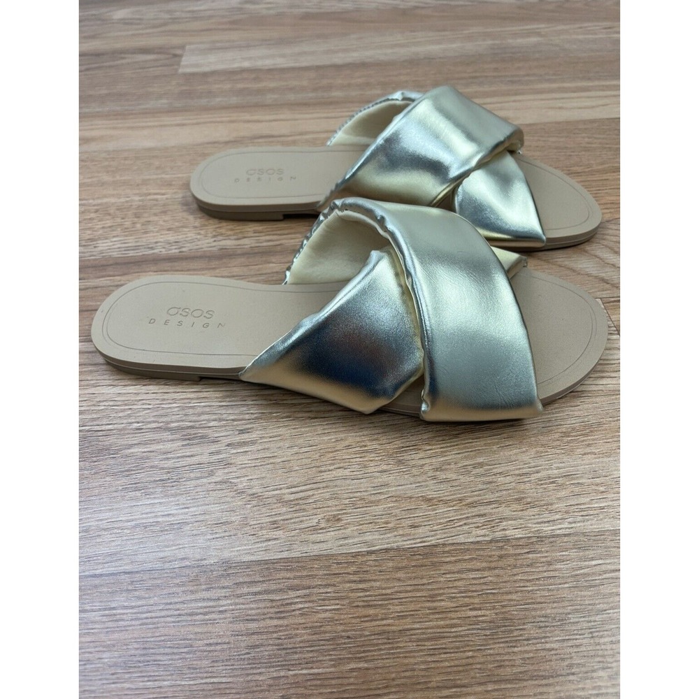 ASOS Design Flock‎ Padded Flat Mules Slides Women's Size 9 Gold NEW